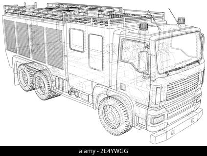 Vettore Fire Engine. Camion antincendio. Telaio a filo. I livelli delle linee visibili e invisibili sono separati. Formato EPS10 Illustrazione Vettoriale