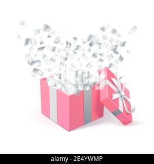 Sant Valentines giorno festivo design. Confezione regalo rosa con corpetti color argento a forma di cuore su sfondo bianco. Illustrazione Vettoriale