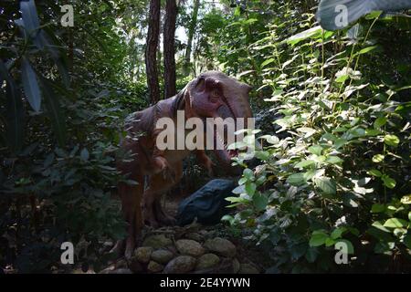 Statua di dinosauro nel parco forestale in natura per sfondo. Modello realistico Tyranosaurus Rex. Dinopark in Turchia, Goynuk. Tirannosauro preistorico Foto Stock