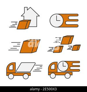 Collezione di icone di modelli di logo di consegna in set di stile arancione. Speed business service Express shipping logotype illustrazione vettoriale Illustrazione Vettoriale