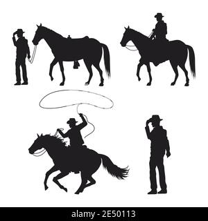 silhouette cowboys con disegno vettoriale di pistole e cavalli Illustrazione Vettoriale