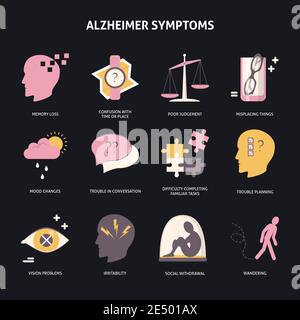 Insieme di icone dei sintomi della malattia di Alzheimer isolato. Simboli di concetto di salute degli anziani. 12 segni in stile piatto. Illustrazione Vettoriale