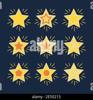 Confezione di stelle lucide con disegni geometrici in giallo e arancione. Impostare stelle decorazione piatta icona isolato. Elemento di raccolta dei segni scintillanti Illustrazione Vettoriale