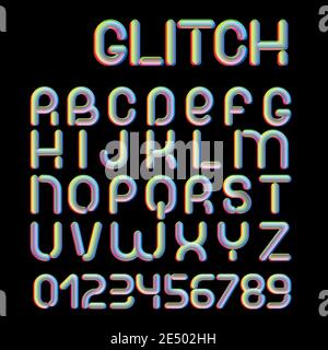 Font effetto Glitch 3d. Design dei caratteri di tendenza 2021. Per eventi musicali, banner, volantino, copertina. Illustrazione Vettoriale