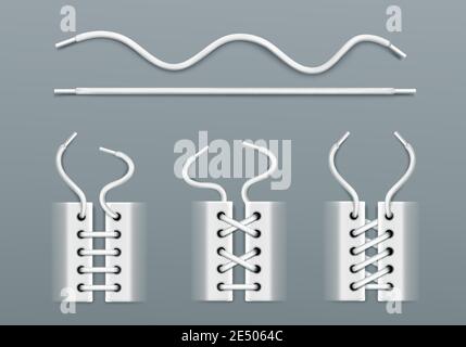 Scarpe bianche, allacciatura con corde in sneakers diversi modi. Serie vettoriale realistica di corde, stivali o scarpe con corde di calzature ondulate e dritte con corde isolate su sfondo grigio Illustrazione Vettoriale