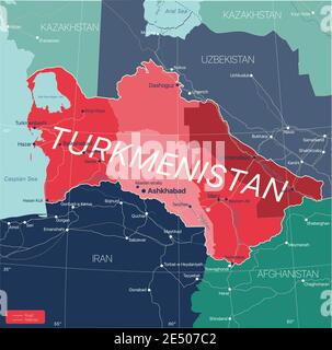 Paese Turkmenistan Mappa dettagliata modificabile con regioni città e città, strade e ferrovie, siti geografici. File vettoriale EPS-10 Illustrazione Vettoriale