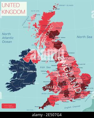 Paese del Regno Unito Mappa dettagliata modificabile con regioni città e città, strade e ferrovie, siti geografici. File vettoriale EPS-10 Illustrazione Vettoriale
