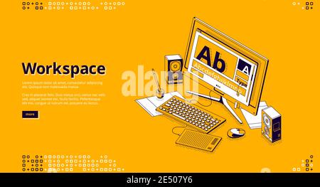 Pagina di destinazione isometrica dell'area di lavoro. Designer home Office, freelance workplace con monitor computer collegato a tablet pittura, penna digitale e dinamica su scrivania, banner web vettoriale 3d line art Illustrazione Vettoriale