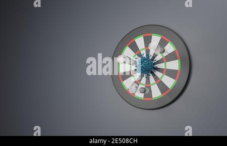 Rendering in 3D di un divertente gioco di freccette con una siringa che getta un bersaglio sotto forma di un coronavirus su uno sfondo nero. Illustrazione di a d Foto Stock