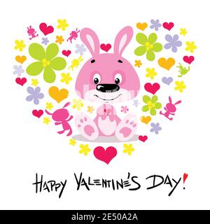 Carta San Valentino con coniglietto carino - Vector Flat Design Illustrazione nel cuore astratto Illustrazione Vettoriale