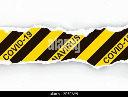 Striscia di carta strappata con scritta Construction Sign e COVID-19. Immagine dello sfondo dell'avviso di quarantena con posto per text.Vector disponibile. Illustrazione Vettoriale