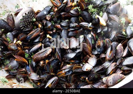 La cottura delle cozze. Grandi piatti con le cozze. Piatto con frutti di mare. Foto Stock