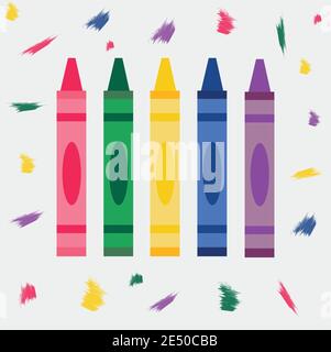 Gruppo di pastelli di disegno su sfondo colorato. Illustrazione Vettoriale