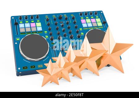 Valutazione da parte del cliente della console DJ. Rendering 3D isolato su sfondo bianco Foto Stock