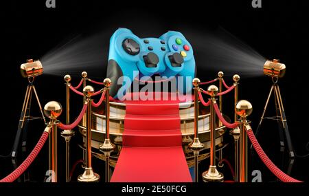 Podio con gamepad, rendering 3D isolato su sfondo nero Foto Stock