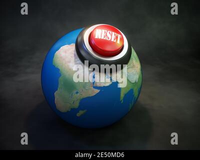 Rendering 3D del pianeta Terra con pulsante di reset rosso come Concetto di ripristino Globa Foto Stock