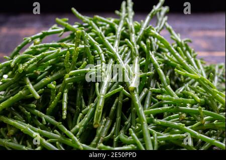 Gustosi piatti di mare vegetariani, salicornia verde cruda fresca o glasswort, alghe da vicino Foto Stock