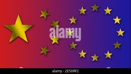 Il cerchio di stelle dell'UE con le stelle cinesi, dalle loro bandiere, su uno sfondo rosso profondo e blu Foto Stock
