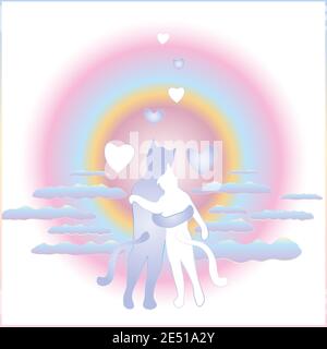 Gatti amore clip art. Gatti abbracciare nelle nuvole a sfondo tramonto Foto Stock