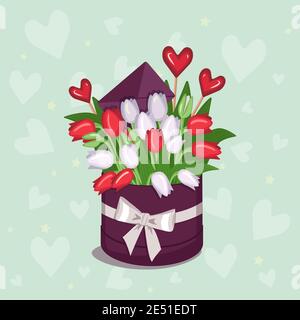 Scatola rotonda con tulipani rossi e bianchi e cuori per San Valentino, Festa della Donna, Festa della Madre. Fiori come regalo per una ragazza, mamma, moglie, nonna Illustrazione Vettoriale