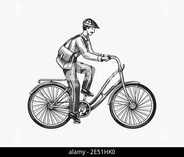 Un uomo in bicicletta. Trasporti ecocompatibili. Il postino guida una bicicletta. Emblema personalizzato vintage, badge per t-shirt. Stile retro monocromatico. Mano Illustrazione Vettoriale