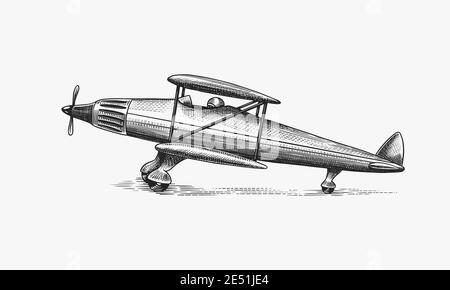 Illustrazione del corncob dell'aeroplano del passeggero o del viaggio aereo. Inciso a mano disegnato in vecchio stile di schizzo, trasporto vintage. Illustrazione Vettoriale