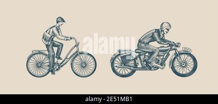 Moto per modelli di club motociclistico. Un uomo in bicicletta. Trasporti ecocompatibili. Il postino guida una bicicletta. Vintage per t-shirt. Stile retro monocromatico Illustrazione Vettoriale