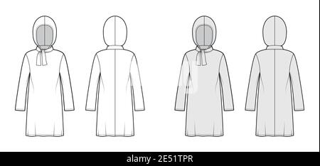 Modeste tuniche hijab tecnica moda con cravatta, maniche lunghe, oversize, lunghezza sotto il ginocchio, cappuccio. Capo di abbigliamento a camicia piatta con mascherina frontale, posteriore, bianco, grigio. Donne uomini CAD mockup Illustrazione Vettoriale