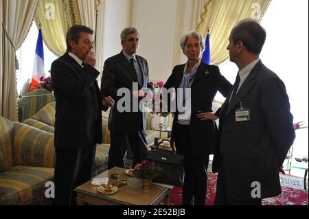 Ministro francese della cooperazione e della Francofonia Alain Joyandet, Ministro della Difesa Herve Morin, Ministro dell'Economia, dell'industria e dell'occupazione Christine Lagarde e Ministro junior per la pianificazione territoriale Hubert Falco durante la visita del primo Ministro ad Algeri, Algeria, il 21 giugno 2008. Foto di Elodie Gregoire/ABACAPRESS.COM Foto Stock