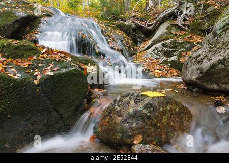 Cascata lungo il Clough Mine Brook, un affluente del fiume Lost, in kinsman Notch a North Woodstock, New Hampshire durante i mesi autunnali. Foto Stock