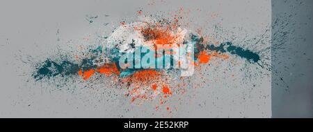 grande colorato astratto arancione, turchese, bianco spot di colore su due toni sfondo grigio, multicolore spruzzi di vernice in studio, lasciare un emozionante modello di Foto Stock