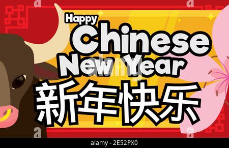 Cute Ox e Peach Flower commemorando il Capodanno cinese, illustrazione vettoriale Illustrazione Vettoriale