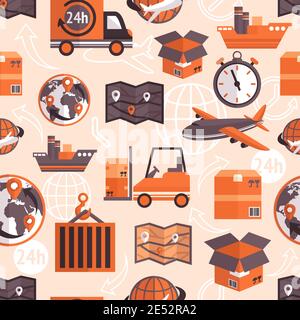 Logistica Spedizioni servizio merci modello senza cuciture con globo e frecce su sfondo illustrazione vettoriale. Illustrazione Vettoriale