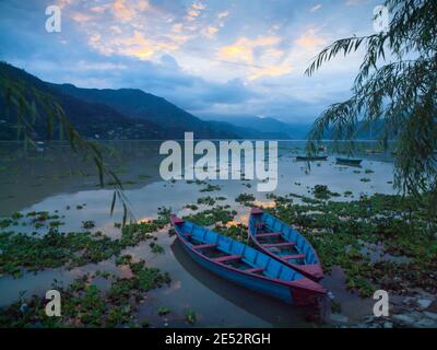 Barche vuote sul lago Phewa al tramonto durante la stagione monsonica, Pokhara Foto Stock