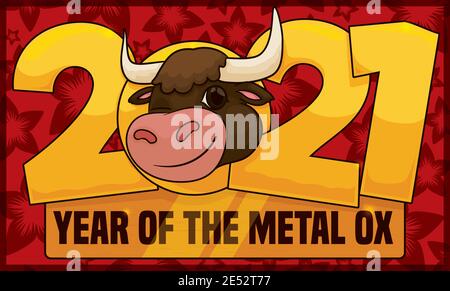 Smiling ox, celebrando il suo anno zodiacale secondo l'astrologia cinese nel 2021: L'anno del metallo bue su sfondo floreale. Illustrazione Vettoriale