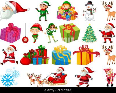 Insieme di Babbo Natale cartoon carattere e oggetti di Natale isolati immagine su sfondo bianco Illustrazione Vettoriale