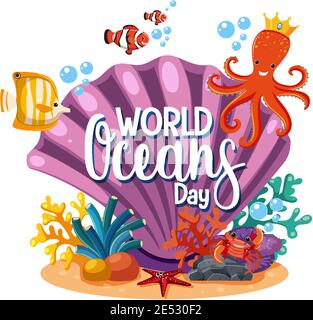 Logo o banner World Oceans Day con Big shell e. simpatica illustrazione del polpo Illustrazione Vettoriale