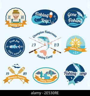 Viaggi di pesca campi club tour all'aperto etichetta set vettore isolato illustrazione Illustrazione Vettoriale
