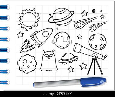 Elemento di spazio in stile doodle o schizzo sull'illustrazione del notebook Illustrazione Vettoriale