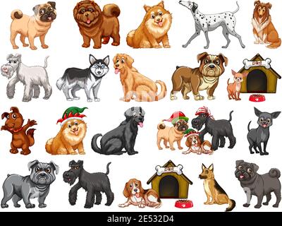 Diversi cani divertenti in stile cartone animato isolato su sfondo bianco illustrazione Illustrazione Vettoriale
