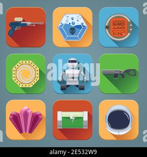 Spazio computer gioco giocare elementi menu flat icone set isolato illustrazione vettoriale Illustrazione Vettoriale