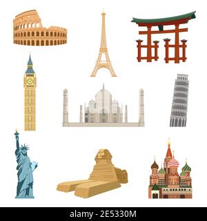 Monumenti famosi in tutto il mondo insieme della statua della libertà della Torre eiffel illustrazione vettoriale isolata di taj mahal Illustrazione Vettoriale