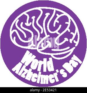 Il logo del giorno del morbo di Alzheimer in viola con il simbolo del cervello isolato immagine su sfondo bianco Illustrazione Vettoriale