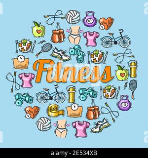 Fitness diet trainer esercizio colorato schizzo disegnato a mano concetto vettore illustrazione Illustrazione Vettoriale