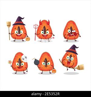 Emoticon di espressione di Halloween con carattere cartoon di fetta di mamey. Illustrazione vettoriale Illustrazione Vettoriale