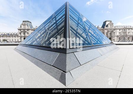 Vista grandangolare simmetrica della Piramide del Louvre, sotto un cielo estivo blu con nuvole sparse Foto Stock