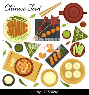 Menu di cucina cinese, set di piatti e ricette tradizionali della regione asiatica. Zuppe e carne su piatti serviti con verdure e bastoncini vettore Illustrazione Vettoriale