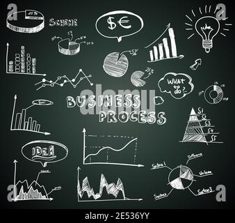Doodle diagrammi di affari impostati su Blackboard vettore illustrazione Illustrazione Vettoriale