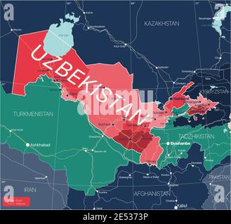 Paese Uzbekistan Mappa dettagliata modificabile con regioni città e città, strade e ferrovie, siti geografici. File vettoriale EPS-10 Illustrazione Vettoriale