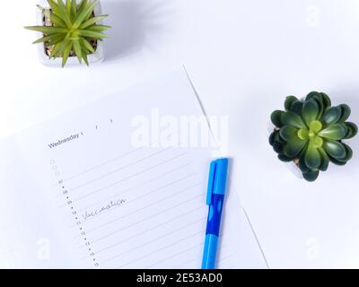 Primo piano visualizza la foto della vaccinazione di parole scritta ogni giorno pianificatore Foto Stock